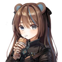 Rule 34 | 1girl, amai direct, animal ears, bear ears, bear girl, black gloves, black jacket, black ribbon, blue eyes, blue hair, brown hair, collared jacket, commentary, cup, drinking straw, fingerless gloves, gloves, grey eyes, hair between eyes, hair ribbon, highres, holding, holding cup, jacket, light blush, long hair, looking at viewer, multicolored hair, nei kumamitsu, no heterochromia, ribbon, second-party source, shoulder strap, spanish commentary, starlime, streaked hair, swept bangs, two-tone hair, virtual youtuber, white background, zipper