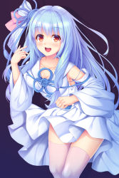 Rule 34 | absurdres, blue hair, blush, breasts, cleavage, collarbone, commentary request, detached sleeves, dress, gradient background, hair between eyes, hair ribbon, highres, kotonoha aoi, leaning forward, long hair, looking at viewer, medium breasts, open mouth, pink thighhighs, purple background, red eyes, ribbon, shadow, sleeveless, sleeveless dress, solo, thighhighs, tress ribbon, umitonakai, voiceroid, white dress, wide sleeves