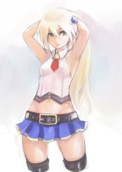 Rule 34 | 1girl, absurdres, adjusting hair, armpits, arms up, bare shoulders, belt, black thighhighs, blazblue, blazblue: chronophantasma, blonde hair, breasts, cowboy shot, cropped legs, green eyes, hair down, hair ornament, hairclip, hands in hair, highres, johan (johan13), long hair, looking at viewer, midriff, miniskirt, navel, necktie, noel vermillion, open mouth, pleated skirt, skirt, small breasts, solo, standing, thigh gap, thighhighs