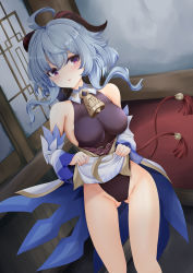 Rule 34 | 1girl, absurdres, ahoge, bare shoulders, bell, black leotard, blue hair, blush, breasts, cameltoe, clothes lift, detached sleeves, ganyu (genshin impact), genshin impact, gluteal fold, gold trim, groin, highres, horns, indoors, kitora (kisekinonameko), leotard, lifting own clothes, long hair, looking at viewer, medium breasts, neck bell, no gloves, parted lips, pelvic curtain, pelvic curtain lift, purple eyes, sidelocks, solo, standing, tassel, thighs, white sleeves