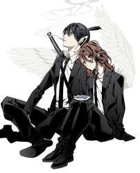 Rule 34 | 2boys, angel devil (chainsaw man), black footwear, black hair, black necktie, black pants, blue eyes, brown hair, chainsaw man, cigarette, collared shirt, feathered wings, flats, formal, full body, hair between eyes, hayakawa aki, indian style, jacket, katana, knees up, leaning on person, long hair, long sleeves, looking up, male focus, multiple boys, necktie, open clothes, open jacket, pants, red eyes, sarachi yomi, shirt, short hair, sitting, smoke, smoking, suit, sword, topknot, weapon, weapon on back, white shirt, wings