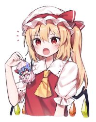 Rule 34 | ascot, blonde hair, blush, chibi, crystal wings, fang, flandre scarlet, hat, hat ribbon, highres, open mouth, puffy short sleeves, puffy sleeves, red eyes, red ribbon, remilia scarlet, ribbon, short sleeves, side ponytail, simple background, soooooook2, touhou, white background, white mob cap, yellow ascot