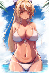 Rule 34 | 1girl, :o, absurdres, alternate costume, bare shoulders, bikini, blonde hair, breasts, cleavage, collarbone, dark skin, dark-skinned female, elf, groin, highres, hololive, inre kemomimi, large breasts, long hair, looking at viewer, navel, open mouth, partially submerged, pointy ears, ponytail, red eyes, shiranui flare, solo, swimsuit, virtual youtuber, water, white bikini