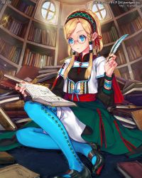 Rule 34 | 1girl, argyle, argyle clothes, argyle legwear, armlet, blonde hair, blue eyes, blue pantyhose, book, book stack, bookshelf, braid, dated, glasses, hairband, indoors, library, light rays, long hair, mary janes, official art, open book, original, pantyhose, parted bangs, quill, reading, shoes, sitting, skirt, solo, sparkle, tenkuu no crystalia, zit 0