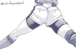 Rule 34 | 1girl, absurdres, ass, ass focus, belt, bike shorts, bike shorts under shorts, close-up, commentary request, from behind, girls und panzer, greyscale, highres, inoue yoshihisa, knee pads, monochrome, partial commentary, purple theme, shirt, shorts, socks, softball uniform, solo, sportswear, standing, sweat, twitter username, youko (girls und panzer)