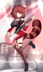 Rule 34 | 1girl, :o, ahoge, animal ears, arm warmers, bandaid, bandaid on face, bandaid on nose, bare shoulders, belt, black belt, black footwear, black shirt, blue eyes, breasts, brown hair, cable, colored inner hair, commentary, cross-laced footwear, electric guitar, eyes visible through hair, fishnet thighhighs, fishnets, full body, guitar, hair between eyes, highres, instrument, leg up, medium breasts, medium hair, multicolored eyes, multicolored hair, music, off-shoulder shirt, off shoulder, owozu, plaid, plaid skirt, playing instrument, pleated skirt, raccoon ears, raccoon girl, raccoon tail, rakkun sutaru, red eyes, red hair, red skirt, shirt, short sleeves, sideways glance, skindentation, skirt, slash-ex, solo, spanish commentary, stage, stage lights, streaked hair, tail, thighhighs, thighs, tiptoes, two-tone hair, virtual youtuber