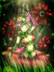 Rule 34 | 1girl, absurdres, alraune, arm up, armpits, blurry, breasts, cleavage, collarbone, colored skin, commentary request, depth of field, flower, forest (simise), green hair, green skin, grey eyes, hair between eyes, hair flower, hair ornament, highres, in water, looking at viewer, medium breasts, monster girl, navel, original, outdoors, plant girl, pointy ears, short hair, sidelocks, solo, stomach, veins, waving