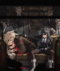 Rule 34 | 2girls, 4boys, absurdres, animal ears, at gunpoint, ball gag, black gloves, black hair, black jacket, black pantyhose, black suit, blonde hair, blue necktie, bound, bound arms, brown hair, character request, cigar, commentary, copyright request, couch, cup, dress, fold-over boots, formal, gag, gloves, grey hair, gun, highres, holding, holding cigar, holding cup, holding gun, holding weapon, indoors, jacket, leviathan (hikinito0902), long hair, looking at viewer, multiple boys, multiple girls, necktie, on couch, pantyhose, red dress, red eyes, shibari, shibari over clothes, short hair, sleeveless, sleeveless dress, suit, suit jacket, symbol-only commentary, thigh strap, threat, weapon, white footwear, yellow eyes