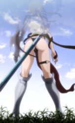 Rule 34 | 10s, 1girl, armor, ass, black panties, blonde hair, curvy, female focus, gradient background, grass, highres, huge ass, leina (queen&#039;s blade), long hair, nature, outdoors, panties, plant, queen&#039;s blade, queen&#039;s blade rebellion, queen&#039;s blade vanquished queens, screencap, sky, solo, standing, stitched, third-party edit, thong, underwear
