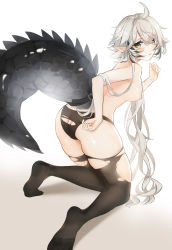 Rule 34 | 1girl, absurdres, ahoge, arknights, ass, black panties, black thighhighs, breasts, commentary, crocodilian tail, gradient background, grey background, grey eyes, hair between eyes, hand up, highres, kneeling, large tail, long hair, looking at viewer, nipples, no shoes, panties, parted lips, pointy ears, pumpkinnn, shadow, short hair with long locks, silver hair, skindentation, small breasts, solo, tail, thighhighs, tomimi (arknights), topless, torn clothes, torn panties, torn thighhighs, underwear, very long hair, white background