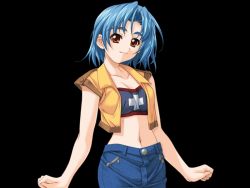 Rule 34 | 1girl, :d, ^ ^, animated, animated gif, bandeau, blue hair, blush, breast expansion, breasts, bursting breasts, casual, closed eyes, crop top, denim, game cg, huge breasts, ikeda yasuhiro, jeans, meiji miruku, midriff, naughty face, navel, no bra, onedari milky pie, open clothes, open mouth, open shirt, orange eyes, pants, shirt, short hair, simple background, smile, solo, strapless, taut clothes, taut shirt, tube top, underboob