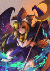 Rule 34 | 1girl, berabou, blue hat, bow, crescent, demon wings, green eyes, green hair, hat, highres, long hair, long sleeves, matching hair/eyes, mima (touhou), polearm, shirt, skirt, skirt set, sky, solo, space, star (sky), starry sky, touhou, touhou (pc-98), very long hair, vest, weapon, wings, yellow bow