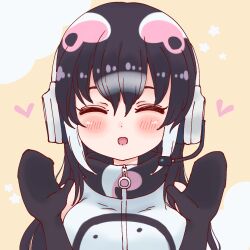 Rule 34 | 1girl, african penguin (kemono friends), black hair, cthun n, kemono friends, kemono friends v project, long hair, looking at viewer, penguin girl, simple background, smile, solo, straight hair, upper body, virtual youtuber