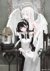 Rule 34 | 2girls, angel, angel wings, apron, bare arms, bare shoulders, black dress, black eyes, black hair, black ribbon, black sleeves, blunt bangs, breasts, bright pupils, center frills, chinese commentary, closed mouth, collar, collarbone, collared dress, colored eyelashes, commentary request, dress, electrical outlet, expressionless, feathered wings, feet out of frame, fingernails, flower, frilled apron, frills, halo, hands on another&#039;s shoulders, highres, indoors, lamp, long sleeves, looking at viewer, maid, maid headdress, mirror, mole, mole under eye, multiple girls, neck ribbon, on chair, original, pale skin, plant, potted plant, ribbon, short hair, sideboob, sidelocks, sitting, sleeveless, sleeveless dress, small breasts, straight hair, typewriter, upper body, watermark, weibo logo, weibo watermark, white apron, white collar, white dress, white flower, white hair, white headdress, white pupils, white wings, wings, yellow eyes, yellow halo, zhiyuan yang