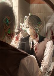 Rule 34 | 3boys, alhaitham (genshin impact), alternate costume, antenna hair, black necktie, blood, blood on clothes, blood on face, blood on wall, blue eyes, broken mirror, brown hair, brown vest, closed mouth, collared shirt, formal, genshin impact, gold, green hair, grey hair, hair between eyes, hair ornament, hair over one eye, highres, indoors, isobe47, jewelry, light, long sleeves, looking at mirror, male focus, mirror, multicolored hair, multiple boys, murder, necktie, red pupils, reflection, shadow, shirt, short hair, standing, suit, two-tone hair, vest, wall, white shirt, wing collar