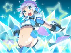 Rule 34 | 1girl, aqua eyes, blue eyes, breasts, cosmic break, crystal, gloves, groin, hair ornament, mecha musume, midriff, navel, open mouth, purple hair, revealing clothes, short hair, ska, small breasts, smile, solo, sparkle, star (symbol), winberrl