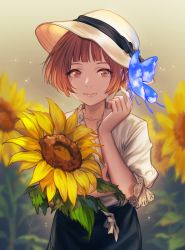 Rule 34 | 1girl, blurry, blurry background, brown eyes, brown hair, bug, butterfly, floral background, flower, hat, highres, bug, lee hyeseung, lips, mole, mole under eye, original, short hair, smile, solo, sun hat, sunflower