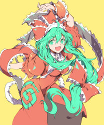 Rule 34 | 1girl, absurdres, arm ribbon, bow, breasts, cleavage, frilled bow, frilled ribbon, frills, front ponytail, green eyes, green hair, hair bow, hair ribbon, highres, ichizen (o tori), kagiyama hina, medium breasts, open mouth, puffy short sleeves, puffy sleeves, red bow, red ribbon, ribbon, short sleeves, smile, solo, touhou, yellow background