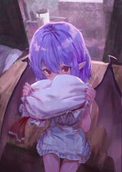 Rule 34 | 1girl, absurdres, bat wings, dress, hat, highres, holding, holding clothes, holding hat, looking at viewer, mob cap, nepperoni, pointy ears, purple hair, red eyes, red nails, remilia scarlet, short hair, sitting, solo, touhou, white dress, white hat, wings