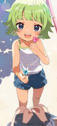 Rule 34 | 1girl, :d, ahoge, bare shoulders, blue eyes, blue shorts, blunt bangs, blurry, blurry foreground, blush, camisole, candy, child, food, green hair, highres, holding, holding candy, holding food, holding lollipop, idolmaster, idolmaster million live!, idolmaster million live! theater days, inuyama nanami, lollipop, looking at viewer, medium hair, open mouth, pov, shimabara elena, short shorts, shorts, smile, solo focus, standing, teeth, upper teeth only, white camisole, wristband