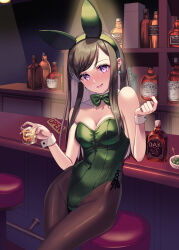 Rule 34 | 1girl, alcohol, animal ears, bar (place), black bow, black hair, black pantyhose, bottle, bow, bowtie, breasts, cleavage, commentary request, counter, detached collar, drunk, glass, gorota, green bow, green bowtie, green leotard, leotard, long hair, medium breasts, original, pantyhose, playboy bunny, purple eyes, rabbit ears, rabbit tail, side-tie leotard, solo, stool, strapless, strapless leotard, tail, whiskey, wrist cuffs
