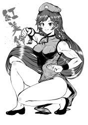 Rule 34 | 1girl, absurdres, black footwear, braid, breasts, china dress, chinese clothes, closed mouth, commentary request, dress, fighting stance, greyscale, hair ribbon, hat ornament, highres, hong meiling, light smile, long hair, looking at viewer, medium breasts, monochrome, ribbon, sen (daydream 53), side braid, side slit, simple background, solo, squatting, star (symbol), star hat ornament, swept bangs, thighs, toned, touhou, tress ribbon, very long hair, white background, wristband