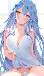 Rule 34 | 1girl, :o, absurdres, ahoge, antenna hair, arm behind back, bare arms, blue flower, blue hair, blush, bow, bow panties, braid, breasts, cleavage, collarbone, floral print, flower, hair between eyes, hair flower, hair ornament, half updo, heart, heart ahoge, heart antenna hair, highres, hololive, large breasts, lifting own clothes, light particles, lingerie, long hair, looking at viewer, negligee, open mouth, panties, pointy ears, sleeveless, solo, sosuke (yrmon), thighs, underwear, virtual youtuber, white panties, window, yellow eyes, yukihana lamy