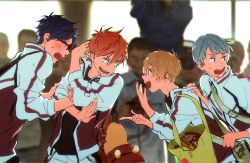 Rule 34 | 10s, 4boys, backpack, bag, blonde hair, blue hair, blush, free!, glasses, hana (dqkmb362), hand on another&#039;s shoulder, hazuki nagisa, highres, jacket, looking at another, looking to the side, male focus, mikoshiba momotarou, multiple boys, nitori aiichirou, open mouth, pointing, pointing at another, red hair, ryuugazaki rei, silver hair, smile, tote bag