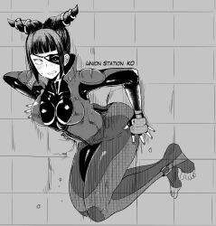Rule 34 | absurdres, blunt bangs, bodysuit, breasts, clenched teeth, commentary request, crack, cracked wall, eye (mememem), eyepatch, full body, greyscale, hair horns, han juri, highres, impossible bodysuit, impossible clothes, medium breasts, monochrome, sidelocks, street fighter, street fighter v, teeth, through wall, x-ray