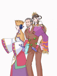Rule 34 | 2girls, absurdres, ace attorney, bag, beard, black hair, blue footwear, blue hair, blush, brown jacket, brown pants, brown suit, buttons, capelet, caramelrag, carrying, chain, closed eyes, closed mouth, collared capelet, collared shirt, crown, dot nose, double-breasted, dress, earrings, facial hair, facial mark, family, feet out of frame, forehead mark, formal, fringe trim, ga&#039;ran sigatar khura&#039;in, gem, green eyes, green gemstone, grey hair, hair ribbon, hair rings, hands on another&#039;s shoulders, highres, holding, holding bag, inga karkhuul khura&#039;in, jacket, jewelry, lapels, long dress, long sleeves, looking at another, multicolored clothes, multicolored dress, multiple girls, mustache, necktie, pants, parted lips, phoenix wright: ace attorney - spirit of justice, piggyback, profile, rayfa padma khura&#039;in, red necktie, red socks, ribbon, sandals, shirt, short hair, side cape, sidelocks, simple background, smile, socks, split mouth, suit, sweat, white background, white ribbon, white shirt, wide sleeves, yellow capelet