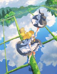 Rule 34 | 1girl, absurdres, apron, black footwear, black hat, black skirt, black vest, blonde hair, bow, broom, broom riding, catching, closed mouth, cloud, cloudy sky, collared shirt, commentary, dutch angle, english commentary, frilled apron, frills, full body, hair bow, hat, highres, holding, holding clothes, holding hat, kirisame marisa, long hair, looking at object, mary janes, mountainous horizon, natsume (menthol), nature, puffy short sleeves, puffy sleeves, red bow, reflection, reflective water, rice paddy, scenery, shirt, shoes, short sleeves, skirt, sky, socks, solo, touhou, tree, unworn hat, unworn headwear, vest, waist apron, white apron, white bow, white shirt, white socks, wing collar, witch hat, yellow eyes
