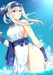Rule 34 | 1girl, ainu clothes, bandages, bikini, bikini bottom only, blue eyes, breasts, capelet, day, folded ponytail, grey hair, hair between eyes, hand up, headband, highres, kamoi (kancolle), kantai collection, kiriko crown (956098), large breasts, long hair, looking at viewer, open mouth, side-tie bikini bottom, sideboob, sidelocks, sky, solo, swimsuit, tabard, tassel, thick eyebrows, thighs, twisted torso, wading, water, white background, white bikini