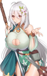 Rule 34 | 1girl, absurdres, aged up, alternate breast size, alternate hair length, alternate hairstyle, areola slip, bare shoulders, breasts, bridal gauntlets, cleavage, cleavage cutout, clothing cutout, detached sleeves, green sleeves, hair between eyes, highres, holding, holding staff, huge breasts, kokkoro (princess connect!), komainu (yamaha1997), long hair, princess connect!, red eyes, see-through, see-through sleeves, simple background, smile, solo, staff, thighs, white background, white hair