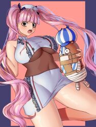 Rule 34 | 1girl, artist request, black eyes, breasts, curvy, drill hair, hat, highres, kumacy, large breasts, long hair, looking at viewer, miniskirt, nurse, nurse cap, one piece, open mouth, perona, pink hair, shiny skin, simple background, skirt, solo, stuffed animal, stuffed toy, twin drills, underboob, very long hair, wide hips, wings
