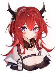 Rule 34 | 1girl, 343 (sashimi), arknights, black dress, blush, breasts, cleavage, closed mouth, commentary, cropped torso, demon horns, detached collar, dress, hair between eyes, hair intakes, horns, id card, long hair, looking at viewer, medium breasts, notice lines, purple eyes, red hair, simple background, solo, surtr (arknights), upper body, white background, wing collar, zipper pull tab