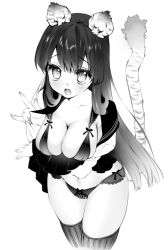 Rule 34 | 1girl, animal ears, black panties, blush, bra, breast hold, breasts, cherrypin, clothes lift, fingernails, greyscale, large breasts, lingerie, long hair, looking up, monochrome, open clothes, open mouth, open shirt, panties, pleated skirt, school uniform, shirt, skirt, skirt lift, solo, tail, thighhighs, tiger ears, tiger tail, underwear