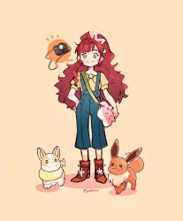 Rule 34 | 1girl, aged up, bag, blush stickers, boots, chloe (pokemon), closed mouth, commentary, creatures (company), eevee, eyelashes, full body, game freak, gen 1 pokemon, gen 8 pokemon, green eyes, hair ribbon, hand on own hip, highres, long hair, nintendo, overalls, pink bag, pokemon, pokemon (anime), pokemon (creature), pokemon journeys, red hair, ribbon, shirt, short sleeves, shoulder bag, smile, soulubles, standing, twitter username, yamper, yellow background, yellow shirt
