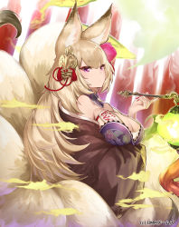 Rule 34 | 1girl, :o, animal ears, artist name, bare shoulders, blonde hair, blush, breast hold, breasts, card, cleavage, detached collar, expressionless, eyebrows, floral print, flower, fog, fox ears, fox tail, glint, hair flower, hair ornament, hairpin, holding, kayou (sennen sensou aigis), kitsune, lantern, large breasts, long hair, long sleeves, mole, mole on breast, multiple tails, nail polish, off shoulder, ofuda, parted lips, purple eyes, red nails, sennen sensou aigis, smoking pipe, solo, tail, tassel, upper body, very long hair, wide sleeves, yaman (yamanta lov)
