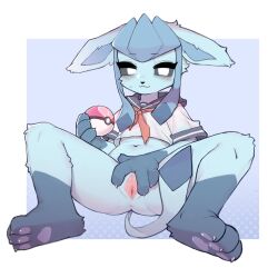 Rule 34 | 1girl, :3, anus, blush, bottomless, clitoris, crayon (crayon1006), creatures (company), female focus, furry, furry female, game freak, gen 4 pokemon, glaceon, highres, holding, holding poke ball, looking at viewer, love ball, navel, nintendo, poke ball, pokemon, pokemon (creature), presenting pussy, pussy, school uniform, simple background, smile, solo, spread legs, spread pussy, uncensored, urethra