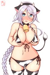 Rule 34 | 1girl, alternate costume, animal ears, animal print, artist logo, bell, bikini, blue eyes, blush, braid, breasts, cleavage, collarbone, cow ears, cow horns, cow print, cowbell, dated, fake horns, hair flaps, highres, horns, kanon (kurogane knights), kantai collection, large breasts, long hair, looking at viewer, mole, mole under eye, navel, neck bell, one-hour drawing challenge, open mouth, print bikini, print thighhighs, silver hair, simple background, single braid, smile, solo, swimsuit, thighhighs, umikaze (kancolle), very long hair, white background