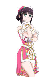 Rule 34 | 1girl, absurdres, alternate hairstyle, amazing travel dna, aqua eyes, arm garter, artist name, artist request, azalea (love live!), bare legs, bare shoulders, belt, belt buckle, beret, black hair, blush, bracelet, breasts, buckle, chromatic aberration, cleavage, clothes writing, clothing cutout, collarbone, dress, earrings, female focus, gloves, green eyes, hair bun, hair ornament, hand on elbow, hat, highres, jewelry, kurosawa dia, long hair, looking at viewer, love live!, love live! school idol festival, love live! sunshine!!, mole, mole under mouth, o-ring, o-ring belt, parted lips, pearl bracelet, short hair, shorts, shorts under dress, shoulder cutout, single hair bun, sleeveless, sleeveless dress, small breasts, smile, solo, triangle hair ornament, white background, white belt, white dress, white gloves, white hat, white shorts, wing collar