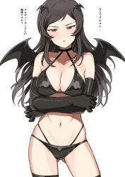 Rule 34 | 1girl, absurdres, arms under breasts, bare shoulders, bat hair ornament, bat wings, bikini, black bikini, black choker, black gloves, black thighhighs, black wings, blush, breasts, brown hair, choker, cleavage, collarbone, commentary request, cowboy shot, crossed arms, elbow gloves, frown, gloves, gluteal fold, hair ornament, highres, idolmaster, idolmaster million live!, kitazawa shiho, large breasts, long hair, looking at viewer, multi-strapped bikini, navel, orange eyes, parted bangs, parted lips, sidelocks, simple background, solo, standing, stomach, string bikini, swimsuit, thighhighs, translation request, tsurui, v-shaped eyebrows, white background, wings