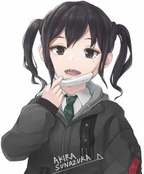 Rule 34 | 1girl, absurdres, bad id, bad pixiv id, black eyes, black hair, character name, commentary, debi, highres, idolmaster, idolmaster cinderella girls, jacket, looking at viewer, mask, mask pull, mole, mole under eye, mouth mask, necktie, sharp teeth, solo, sunazuka akira, surgical mask, teeth, twintails, upper body, white background