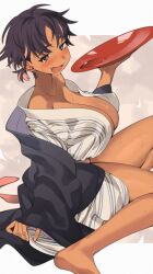 Rule 34 | 1girl, bare legs, bare shoulders, barefoot, black hair, black kimono, blush, bon (vtuber), breasts, cleavage, collarbone, commission, cup, dangle earrings, dark-skinned female, dark skin, drunk, earrings, fang, fish bone earrings, grey eyes, highres, holding, holding cup, huge breasts, indie virtual youtuber, japanese clothes, jewelry, kimono, layered clothes, layered kimono, looking at viewer, multicolored hair, off shoulder, open mouth, pink hair, sagami jon, sakazuki, short hair, sitting, skeb commission, skin fang, smile, soles, solo, streaked hair, striped clothes, striped kimono, stud earrings, sweat, thighs, vertical-striped clothes, vertical-striped kimono, virtual youtuber