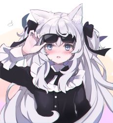 Rule 34 | 1girl, absurdres, animal ear fluff, animal ears, arm up, black bow, black bowtie, blue eyes, blush, bow, bowtie, buttons, cat ears, cat girl, commentary request, eyewear lift, eyewear on head, unworn eyewear, frilled sleeves, frills, hair bow, highres, indie virtual youtuber, kemonomimi mode, long hair, long sleeves, looking at viewer, no nose, open mouth, retorillo, shanoa (vtuber), silver hair, solo, sunglasses, sunglasses on head, sunglasses removed, two side up, upper body, very long hair, virtual youtuber