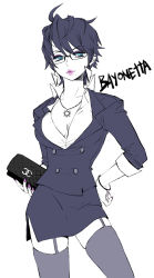 Rule 34 | 1girl, alternate costume, alternate hair length, alternate hairstyle, bad id, bad pixiv id, bag, bayonetta, bayonetta (series), bayonetta 2, black hair, blue eyes, bracelet, breasts, business suit, buttons, character name, cleavage, collared shirt, contrapposto, dishing, double-breasted, earrings, eyeshadow, formal, garter straps, glasses, hand on own hip, handbag, jacket, jewelry, lips, lipstick, makeup, mole, mole under mouth, monochrome, nail polish, necklace, no bra, pencil skirt, popped collar, red nails, semi-rimless eyewear, shirt, short hair, side slit, sideboob, skirt, skirt set, skirt suit, solo, spot color, standing, suit, thighhighs, thighs, under-rim eyewear