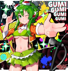 Rule 34 | 1girl, absurdres, artist name, blush, breasts, character name, cleavage, crop top, goggles, goggles on head, green eyes, green hair, green skirt, grin, gumi, gumi (v3 megpoid), highres, large breasts, looking at viewer, microphone, microphone stand, navel, one eye closed, pleated shirt, pointing, pointing at viewer, sarukaiwolf, shiny skin, short hair, skirt, smile, solo, teeth, underboob, vocaloid