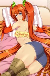 Rule 34 | 1girl, ass, bird legs, blue eyes, blue shorts, blush, feathered wings, fi (monster musume), flat chest, from behind, hair ornament, harpy, highres, lindaroze, long hair, looking back, lying, monster girl, monster musume no iru nichijou, monster musume no iru nichijou online, on bed, orange hair, pillow, shorts, sidelocks, solo, twintails, very long hair, winged arms, wings