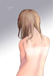 Rule 34 | 1girl, 2013, back, back focus, bad id, bad pixiv id, blonde hair, dated, from behind, gradient background, grey background, long hair, nude, original, ranyues, signature, simple background, solo, tan, tanline, two-tone background, upper body, white background