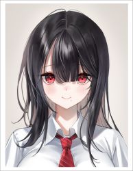 Rule 34 | 1girl, black hair, blush, collared shirt, commentary request, emyo, hair between eyes, long hair, looking at viewer, mole, mole under mouth, necktie, original, portrait, red eyes, red necktie, shirt, simple background, smile, solo, striped necktie, white shirt